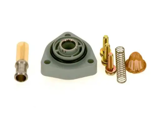 Bosch Wassermengenregler mit mehreren Komponenten, darunter ein Gehäuse, ein Ventil, Schrauben, eine Feder und ein Feinsieb.